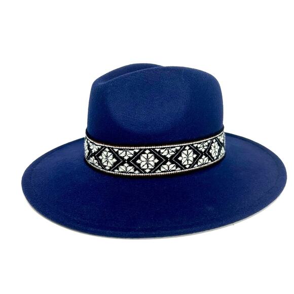 Fadivo Felted Style Fedora Buckaroo Navy Blue Hat - Southwestern Hat Band - Picture 4 of 8